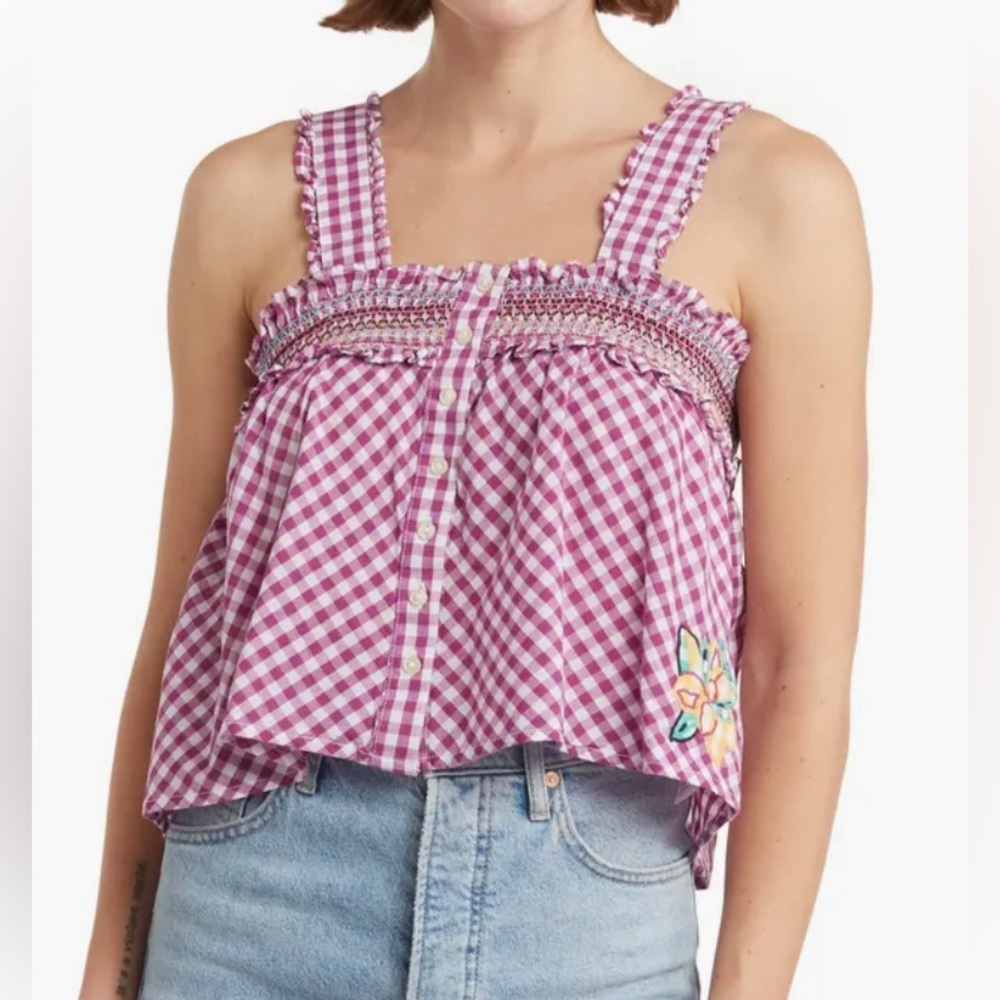 French Connection Adla Gingham Top Purple White Smocked Medium Large $68 NWT